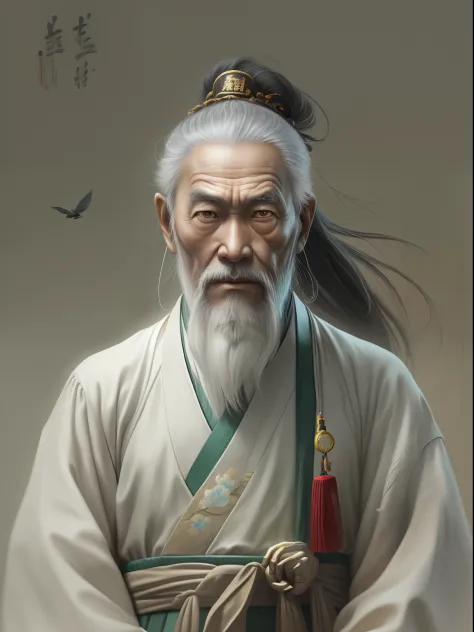 Chinese Ancient Times, An old man, Asian people，gray hair and beard, Black eyes，Thin body, Weakness of the body，standing on your...