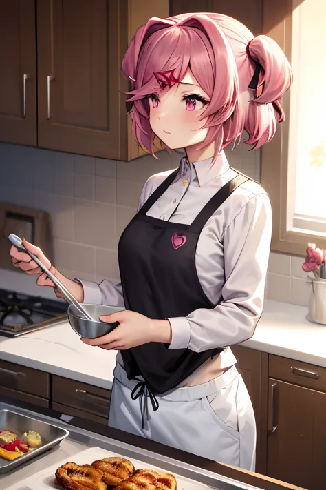 masterpiece, best quality, natsuki,  pink eyes, pink hair, two side up, hair ornament, hair ribbon, chef uniform, long sleeves, ...