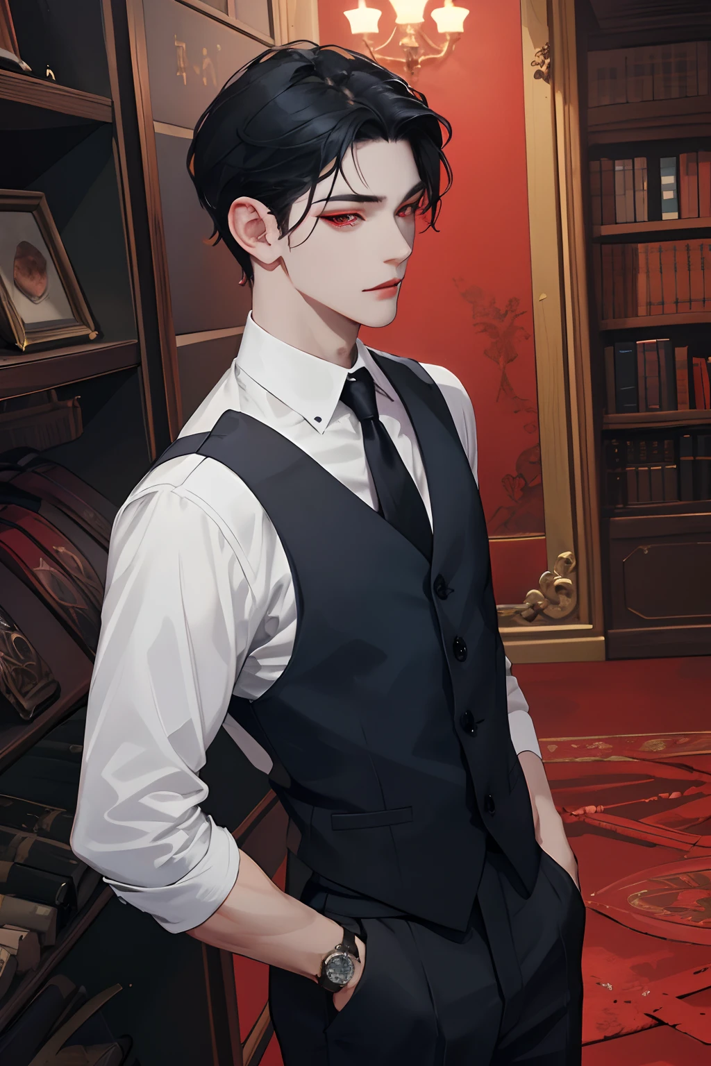 absurdres, highres, ultra detailed, HDR), masterpiece, best quality, 1boy, solo, 22 year, handsome, blue black hair, finely red eyes and detailed face, forehead, ((wear ưblack shirt and black trouser)), (pale and white skin), dutch angle, light smile, vampire vibe, wristwatch, blood effect, in DARK LIBRARY, FACE FOCUS, red eyes, thin, intently