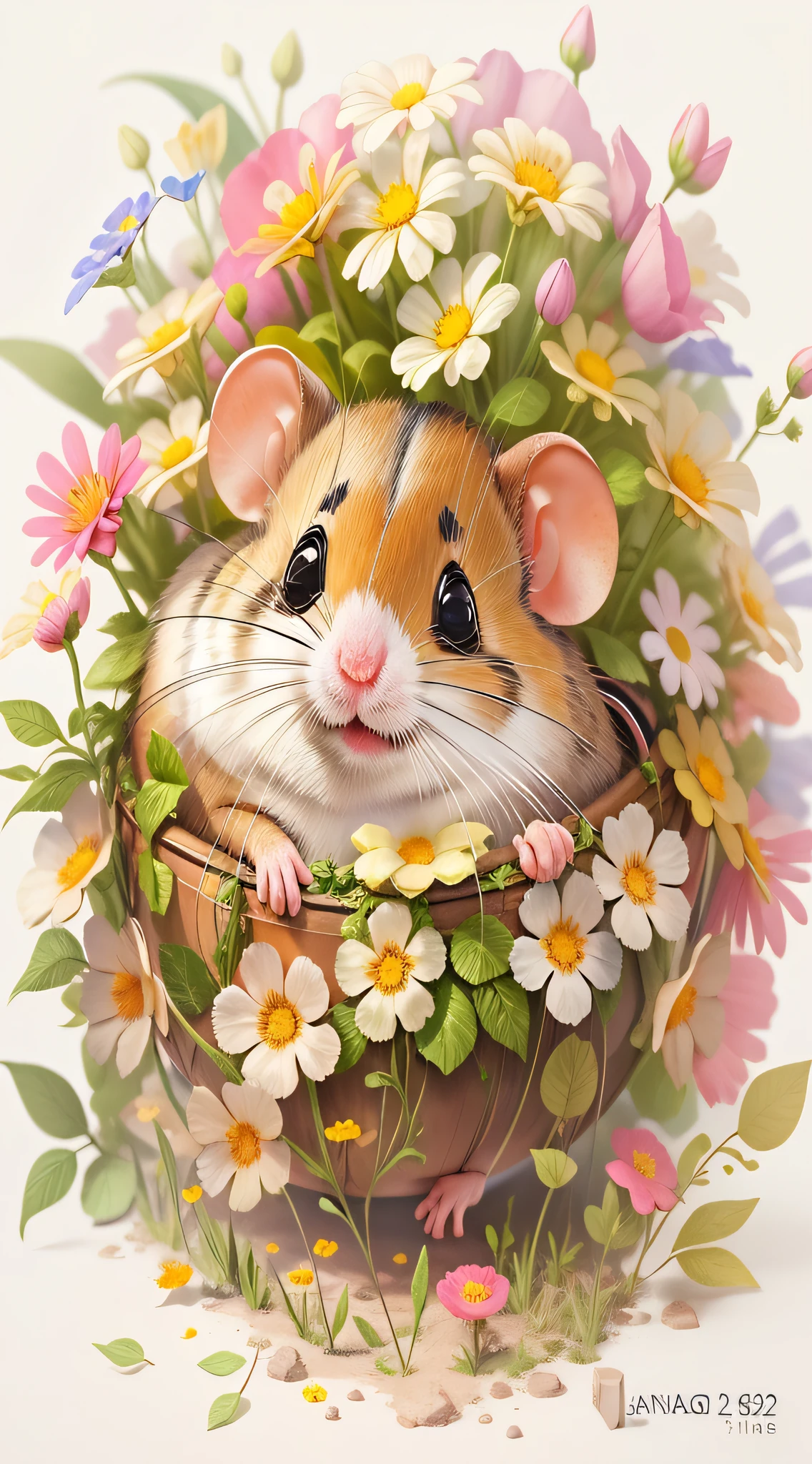 There was a little mouse sitting in a basket of flowers, lovely digital painting, Cute detailed digital art, adorable digital art, cute detailed artwork, by Yang J, highly detailed digital painting, cute mouse pokemon, digital painting highly detailed, hamster, cute animal, cute artwork, full-colour illustration, Beautiful and cute, author：Ryan Yee, author：Shitao, cute illustration
