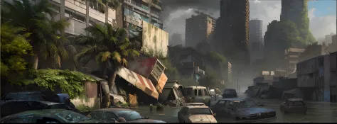 Cars parked in flooded areas of the city, post - apocalyptic city, post - apocalyptic city streets, post apocalyptic district, i...