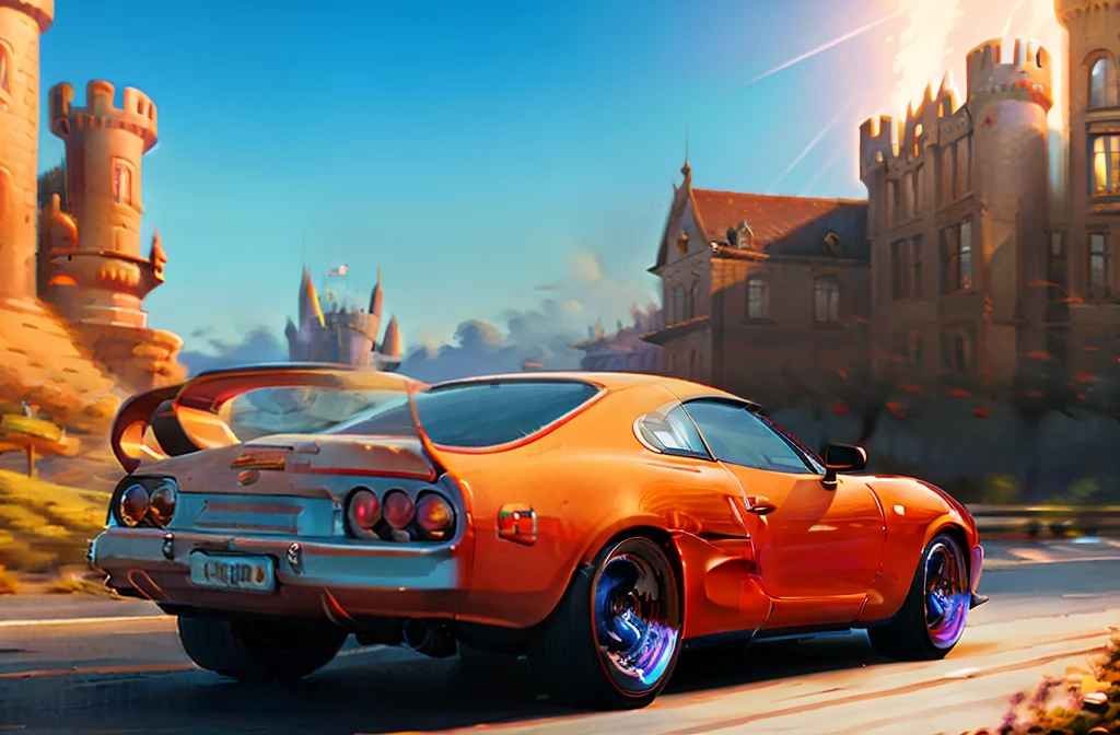 Cartoon cars driving on the road in front of the castle, inspired by Brothers Hildebrandt, inspired by Brothers Hildebrandt, highly detailed hyper real retro, inspired by Tim and Greg Hildebrandt, stunning art style, 《Cars》Pixar cinematic style, Pixar car big movie style, 3 d stylize scene, art deco outrun anime aesthestic, inspired by Greg Hildebrandt