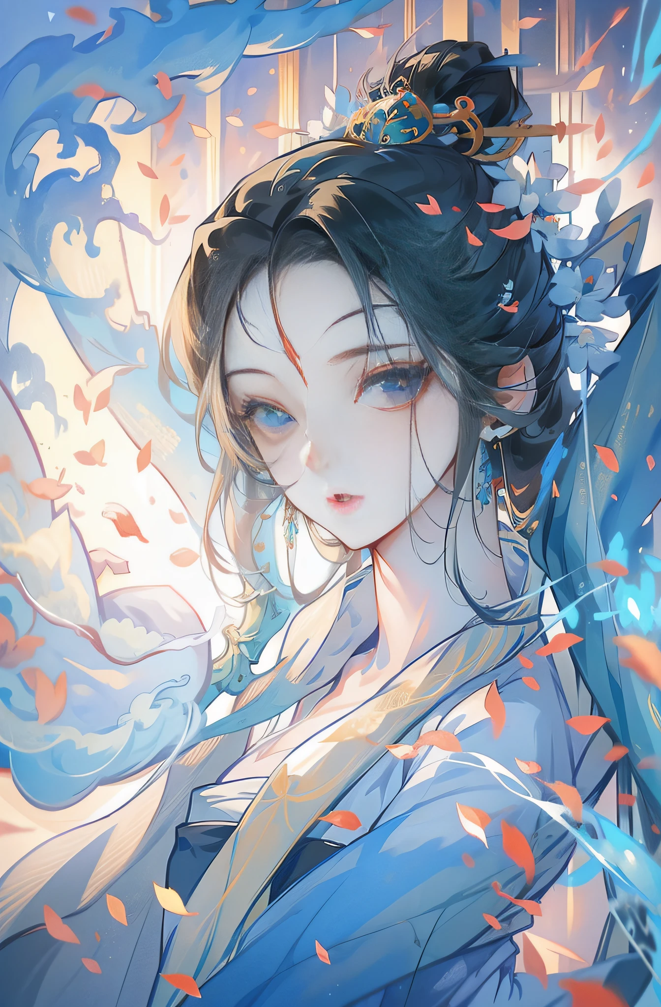 Mature girl ，Blue long hair，Floating hair，Delicate and agile eyes，Blue pupils，Solid color Hanfu，fov，tmasterpiece，Complexscenes，Petals flying，Frontal portrait shot，Moon，grieves，ultraclear，high qulity，Chinese hair，Ancient hair，full bodyesbian，Han style long skirt，Shawl，Plump hair，color full，high detal，The forehead is not decorated，image fill