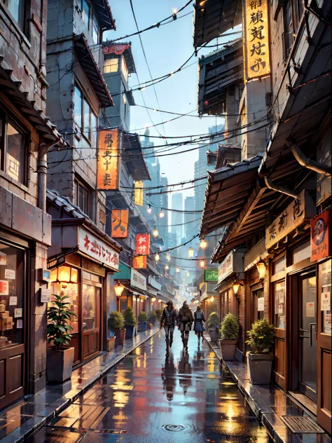 Cyberpunk city from sci-fi movie, empty street, night, chinoiserie buildings, bridge, old shop, irregular, circuit boards, wires...