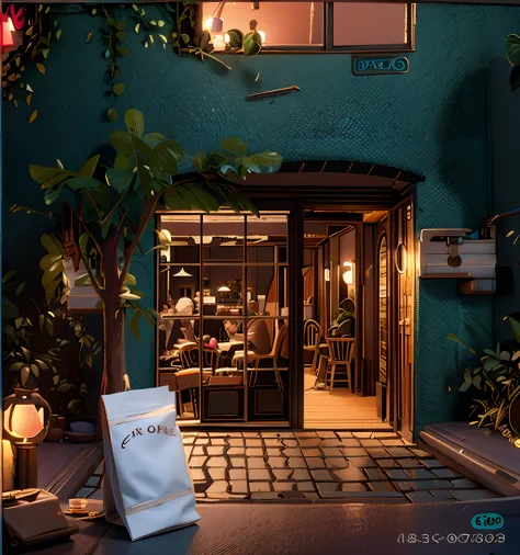 The coffee，Crowd drinking coffee in the house, 3D style,3D illustration，Night café，Rendering of lights，a sense of atmosphere，the...