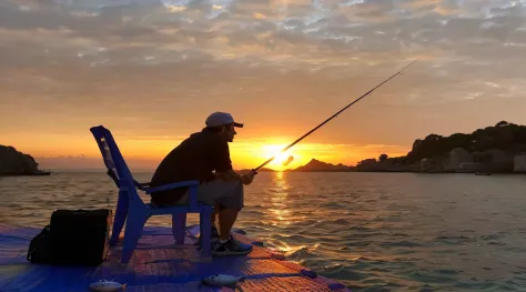 Arapefi fished on the boat with a chair and suitcase at sunset, people angling at the edge, Fishing, photograph taken in 2 0 2 0, fisherman, bottom angles, as the sun sets on the horizon, ultra setting, a man sitting on a jetty, at the sunset, the sunset, ...