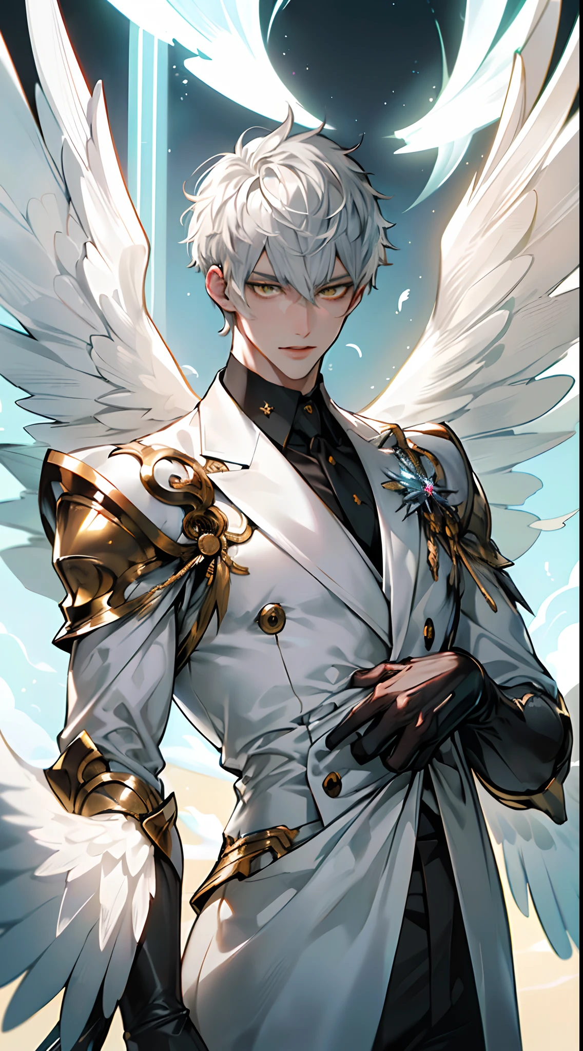 Masterpiece, absurdres, (great composition), 1man, solo, adult, handsome, Silver short hair, yellow eyes, dynamic angle, dynamic lighting, well-built, white skin, refined, handsome_male, 
angelic messenger, big feathered wings, celestial realm, divine messages, Grace, Purity, Compassion, looking at the viewers, perfect face, perfect hands, perfect