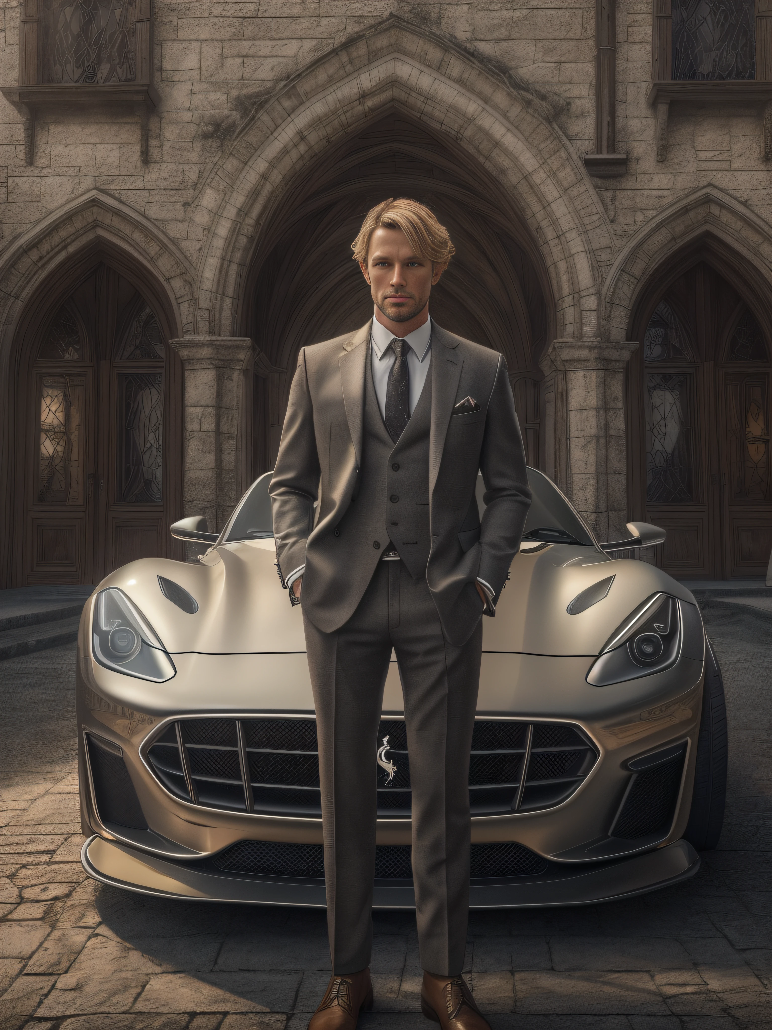full shot,(symmetry),centered,a real man brutal blond athletic build, against the backdrop of a medieval castle and a ferrari car in front of the front door,a very thin white man with short hair,wearing a classic three-piece suit,35mm,natural skin,clothes detail, 8k texture, 8k, insane details, intricate details, hyperdetailedhighly detailed,realistic,soft cinematic light,HDR,sharp focus, ((((cinematic look)))),intricate, elegant, highly detailed,Jerry Gionis style ,hyperphotorealism