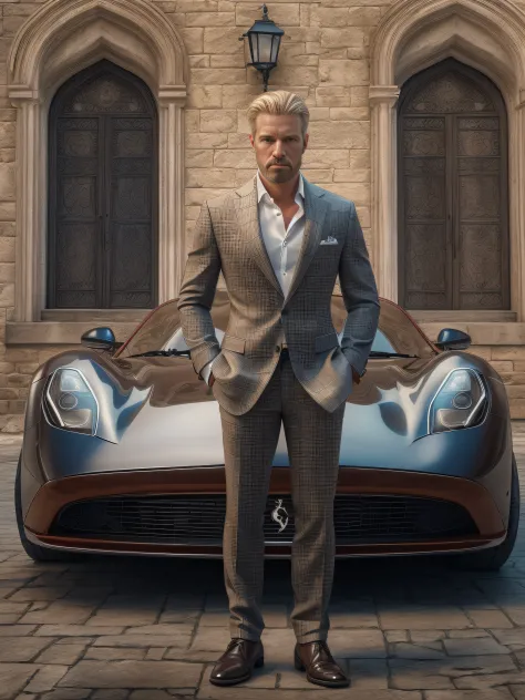 full shot,(symmetry),centered,a real man brutal blond athletic build, against the backdrop of a medieval castle and a ferrari car in front of the front door,a very thin white man with short hair,wearing a classic three-piece suit,35mm,natural skin,clothes ...