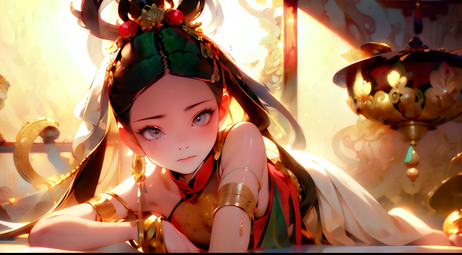 （Single focus：1.5），hyper-detailing，（tmasterpiece：1.4），Optimized，Ultra-high resolution，
1little girl（（fei））in a sunbeam，（（solo）），（Chinese immortals，Dunhuang clothes，Dunhuang style 1.5），
Outrageously long hair，Black hair，（tiny mouth：1.5），（full bodyesbian：1.7），（long leges：1.4），Barefoot，The ankles are dotted with bells，There is a mole under the mouth，Moles under the eyes
（（game_cg））((（quality）))（（（ultra - detailed）））（（（tmasterpiece））），
Water theme，Chinese theme，ink wash style，Tension lenses，Background of details，Doubleexposure，BUDDHA STATUE，
flawless perfection，ren，Extremely flowing hair，masterwork，professionalartwork，Artwork by famous artists，
Beautiful lighting，Cinematic lighting，Ray traching，3d，3Drenderingof，High-precision shadows，closeup cleavage，（macro lenacro lens：1.25），（Detailed depiction of the face），（Detailed description of the eyes），（The face is delicate），（Delicate depiction of the face），Realistic skin，The light and shadows are realistic