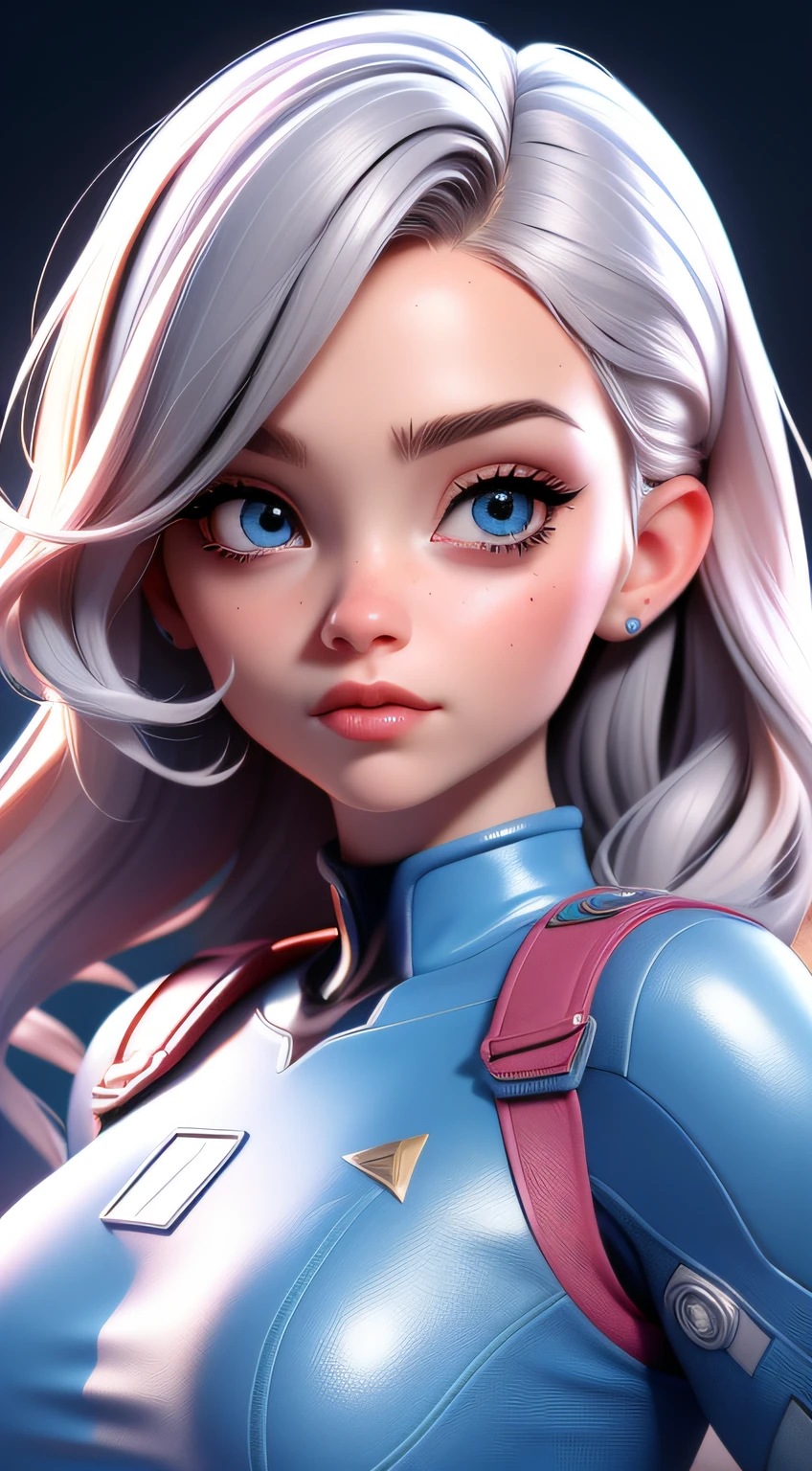 (face to the viewer),3dcharacter,Outfit,(full bodyesbian:1.2),Simple background, Masterpiece,Best quality,(Gradient background:1.1),1girll, full-body portraits, Amazing beauty, Dynamic pose, Delicate face, Vibrant eyes, (From the front), she wears a futuristic Captain America jersey, Blue color scheme, (Holding a shield), A capital A on chest, Very detailed abandoned warehouse background, Detailed face,