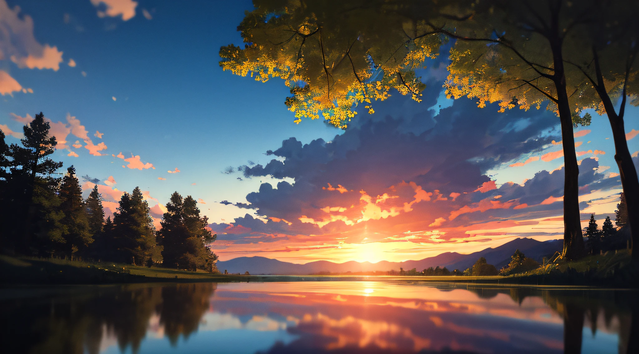 masterpiece, best quality, aesthetic, highres RAW photo, landscape photography, wide shot, from below, scenery, sunrise, blue sky, clouds, lake, reflection, sun, trees, floating leaves, ripples, foreground interest, depth of field, cinematic lighting, asymmetric composition, professional shadows, sharp focus, lens flare