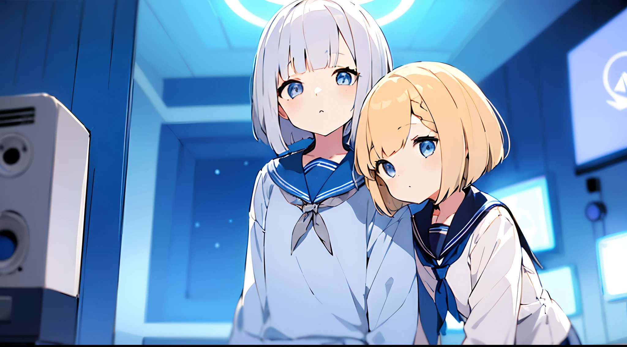 2girls, (blonde hair, bob cut, blue eyes, sailor suit), (short stature, short girl, silver hair, short hair, asymmetrical bangs, blue eyes, sailor suit), (blue cyberpunk interior, room with two large speakers, blue lighting)