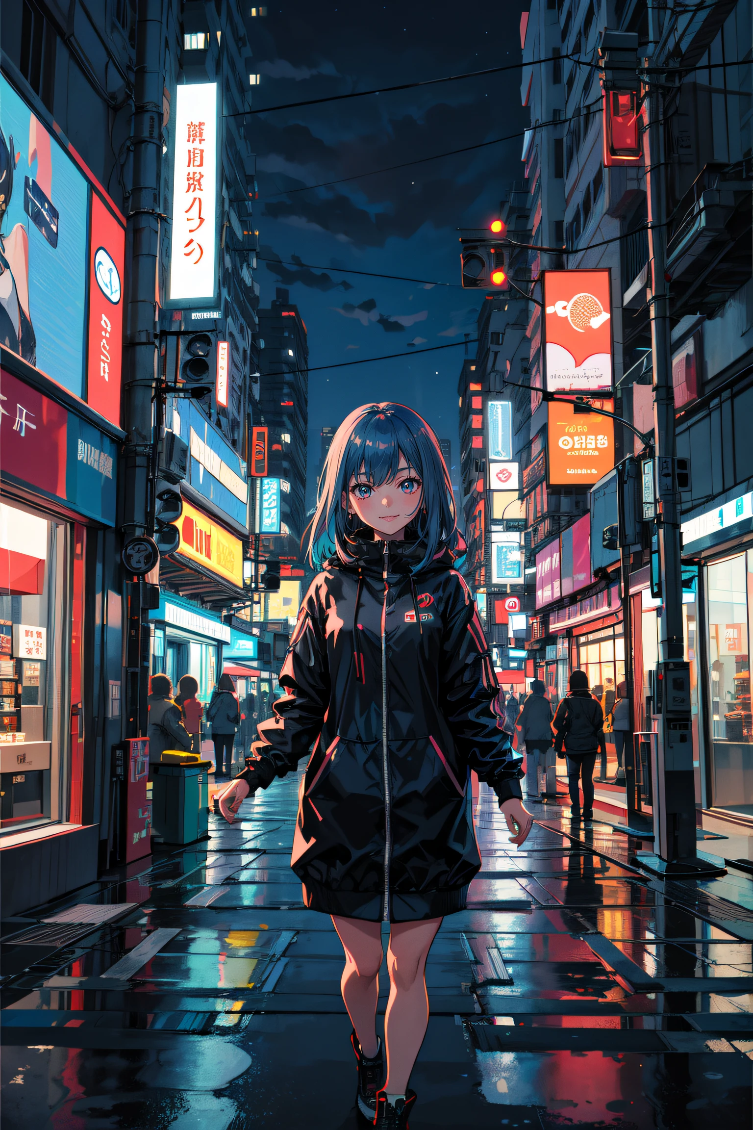 masterpiece, best quality, 1girl, solo, night, colorful, cityscape, cyberpunk, light smile, city pop, vector illustration