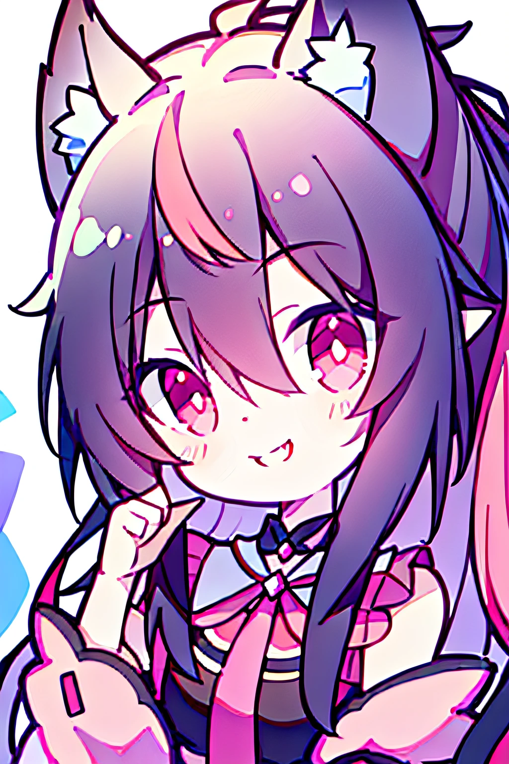 Fanart，High-quality fan art，black hair, hair bobbles, wince, longeyelashes, solid circle eyes, fake animal ears, light smile, ear blush, fang, streaked hair, pink hair, hair between eyes, Surrealism, drop shadow, anaglyph, stereogram, tachi-e, pov, atmospheric perspective, first-person view, 8k, super detail, ccurate, best quality