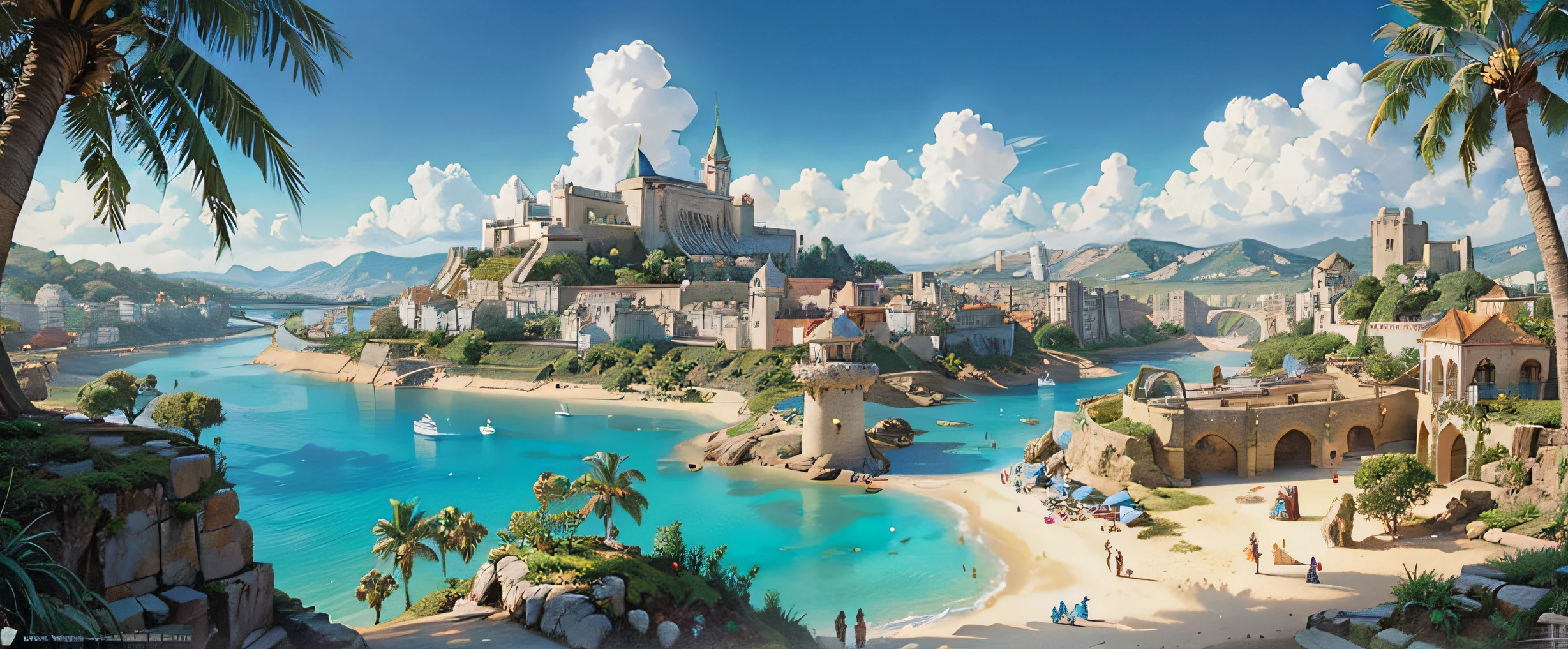 A vibrant and diverse ancient beach kingdom surrounded by walls, mighty ground medieval white palace, palm trees vegetation, river running wild, village concrete houses, happy and positive atmosphere, intricate details, digital painting, sacred and solemn assembly, powerful empire, ancestral sanctuary, richest kingdom, beautiful, panoramic view, decorated with Greg Rutkowski-style colorful details, artwork by Anton Pieck and Artgerm