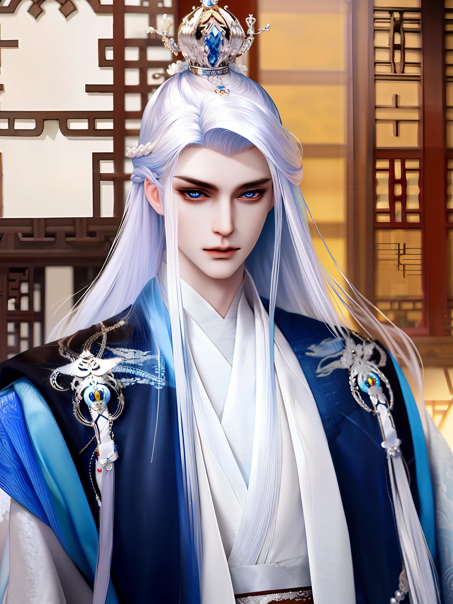 Best quality, masterpiece, highly detailed wallpaper, long hair, blue eyes, holding, blurry, long sleeves, blurry background, solo, 1boy, jewelry, white hair, chinese clothes, male focus, looking at viewer, crown, robe, hair ornament, closed mouth