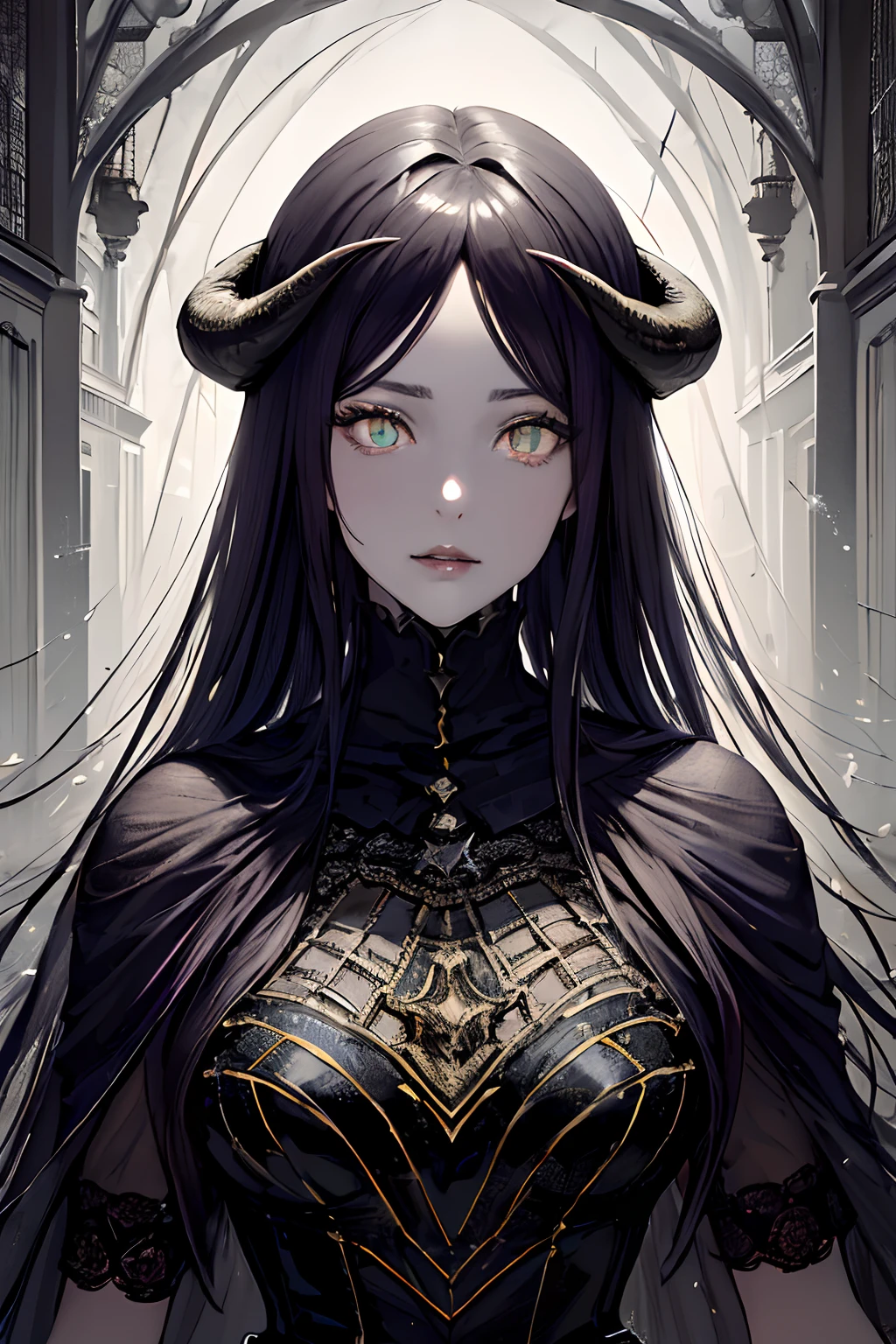 (masterpiece, top quality, best quality, official art, beautiful and aesthetic:1.2), cateyes,1girl, solo, (Stunning Eyes), armour, magic, light particles, upper body, extreme detailed, highest detailed, optical mixing, playful patterns, lively texture, unique visual effect, ((dark fantasy)), (darker colours:1.3), Ominous energy, eldritch Horror, ((Intricate Details)), (Onyx colours)