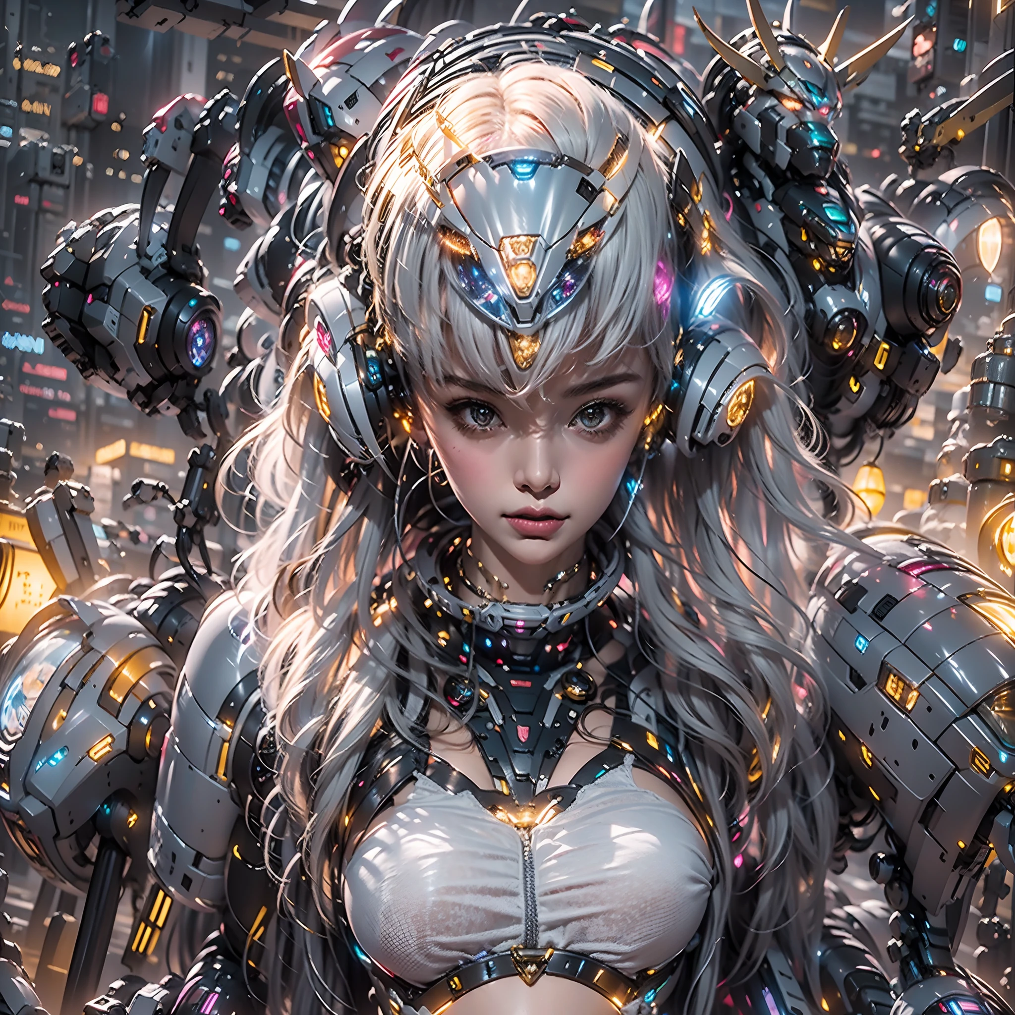 （（tmasterpiece，best qualtiy）），illustration，Ultra-detailed 8K，Clear focus，A highly detailed，Professional lighting，Colorful detailed，A girl and a mech，Beautuful Women，The girl wears a tight mech，Full body mecha，with headphones on，shelmet，choker necklace，eardrop，There is a large mech in the back，cranny，with light glowing，with light glowing，Complicated details，（（1girl stands in front of the audience）），closeup cleavage，The upper part of the body