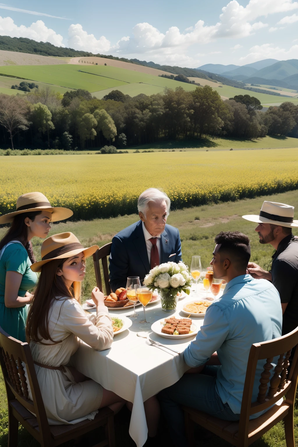 People gathered in the field for a wake, em uma fazenda, comidas sendo servida, max quality,obra prima