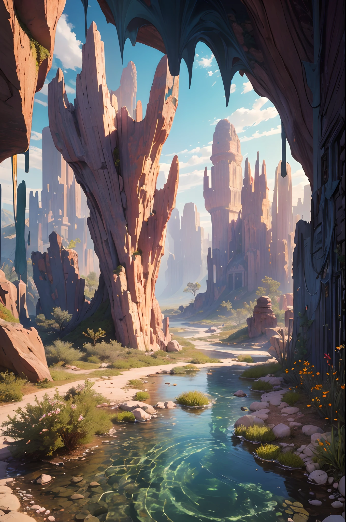 Fantasy Desert, Desert Mountain, (Masterpiece, Best Quality, High Quality, Highres:1.4), (masterpiece, top quality, best quality, official art, beautiful and aesthetic:1.2), extreme detailed,(fractal art:1.3),colorful,highest detailed in ultra detailed, cave filled with rocks and stones and stalagmites and crystals, puddle,(best-quality:0.8), (best-quality:0.8), perfect anime illustration,(turbine:1.2), Detailed, Extremely Detailed, Ambient Soft Lighting, 4K,Blurry, Blurry Background, Depth of Field, Bokeh, DOF, Fog, Bloom Outdoors, (Nature, fantasy Desert:1.2), (Rocks:1.2),