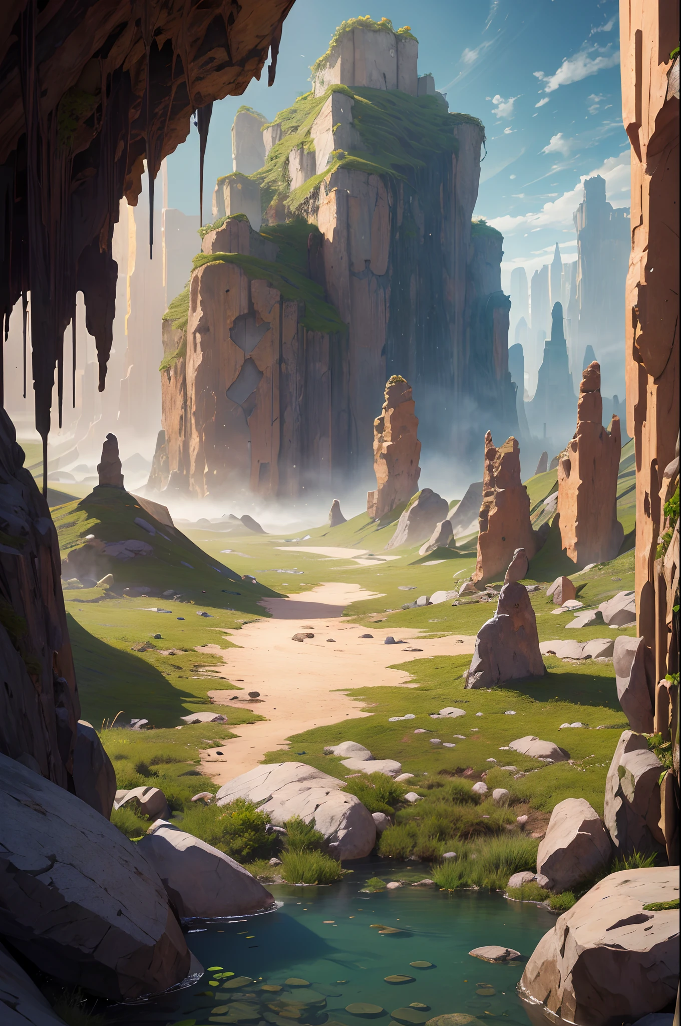 Fantasy Desert, Desert Mountain, (Masterpiece, Best Quality, High Quality, Highres:1.4), (masterpiece, top quality, best quality, official art, beautiful and aesthetic:1.2), extreme detailed,(fractal art:1.3),colorful,highest detailed in ultra detailed, cave filled with rocks and stones and stalagmites and crystals, puddle,(best-quality:0.8), (best-quality:0.8), perfect anime illustration,(turbine:1.2), Detailed, Extremely Detailed, Ambient Soft Lighting, 4K,Blurry, Blurry Background, Depth of Field, Bokeh, DOF, Fog, Bloom Outdoors, (Nature, fantasy Desert:1.2), (Rocks:1.2),