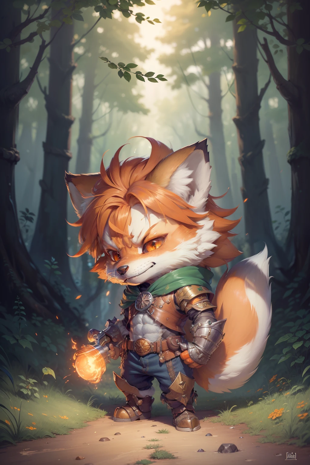 Hyperdetailed Painting, Jean-Baptiste Monge Style, Anthropomorphic fox, knight, muscular ,detailed pupils ,orange hair, red and green armor, kubrik stare, pale skin, greaves, dagger, dual wielding , High Quality, Very Angry Face, Body Fitness, Full Body, Long Hair with Braids, Night in the forest with fireflies,