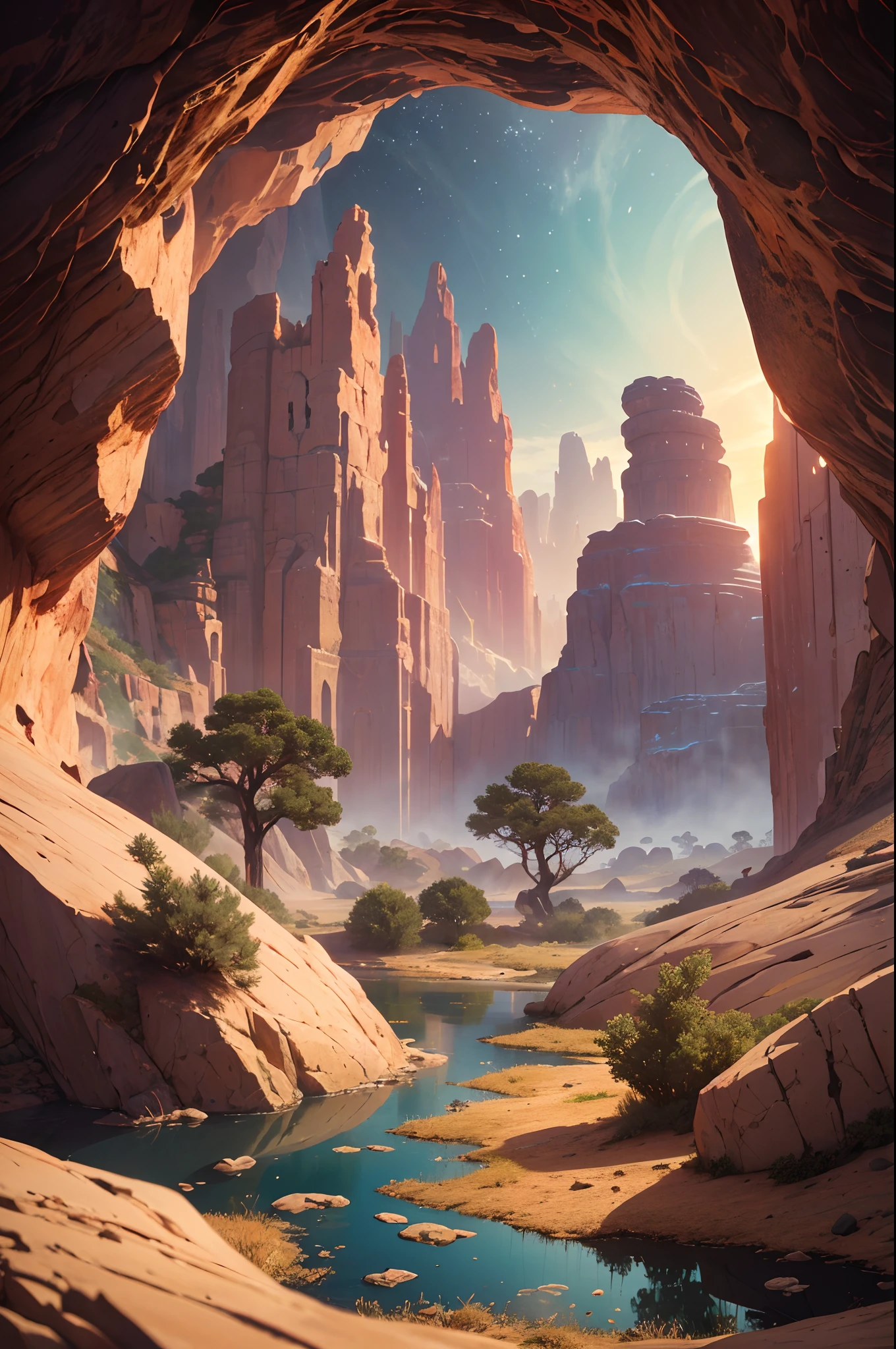 Fantasy Desert, Desert Mountain, (Masterpiece, Best Quality, High Quality, Highres:1.4), (masterpiece, top quality, best quality, official art, beautiful and aesthetic:1.2), extreme detailed,(fractal art:1.3),colorful,highest detailed in ultra detailed, cave filled with rocks and stones and stalagmites and crystals, puddle,(best-quality:0.8), (best-quality:0.8), perfect anime illustration,(turbine:1.2), Detailed, Extremely Detailed, Ambient Soft Lighting, 4K,Blurry, Blurry Background, Depth of Field, Bokeh, DOF, Fog, Bloom Outdoors, (Nature, fantasy Desert:1.2), (Rocks:1.2),