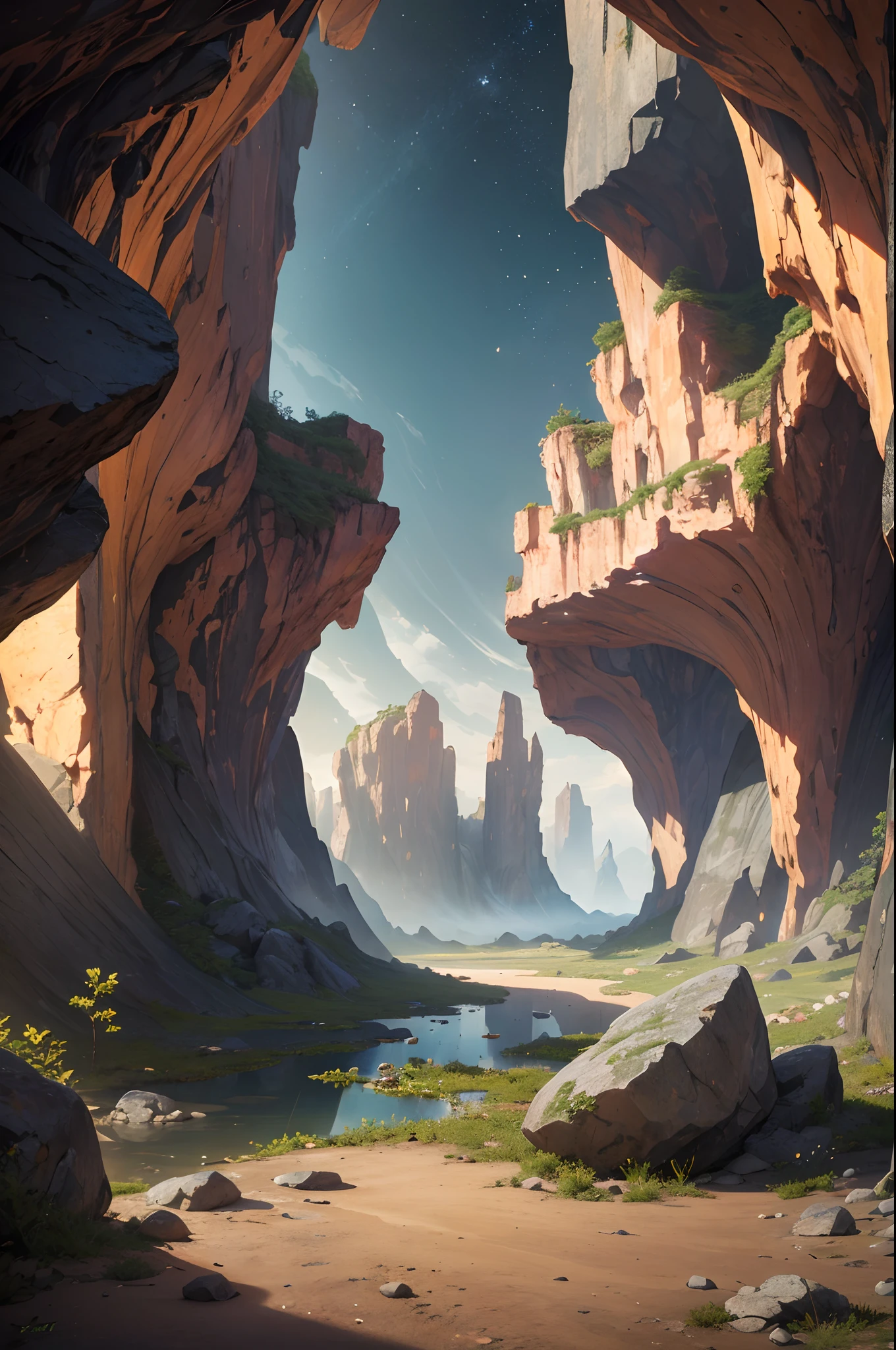 Fantasy Desert, Desert Mountain, (Masterpiece, Best Quality, High Quality, Highres:1.4), (masterpiece, top quality, best quality, official art, beautiful and aesthetic:1.2), extreme detailed,(fractal art:1.3),colorful,highest detailed in ultra detailed, cave filled with rocks and stones and stalagmites and crystals, puddle,(best-quality:0.8), (best-quality:0.8), perfect anime illustration,(turbine:1.2), Detailed, Extremely Detailed, Ambient Soft Lighting, 4K,Blurry, Blurry Background, Depth of Field, Bokeh, DOF, Fog, Bloom Outdoors, (Nature, fantasy Desert:1.2), (Rocks:1.2),