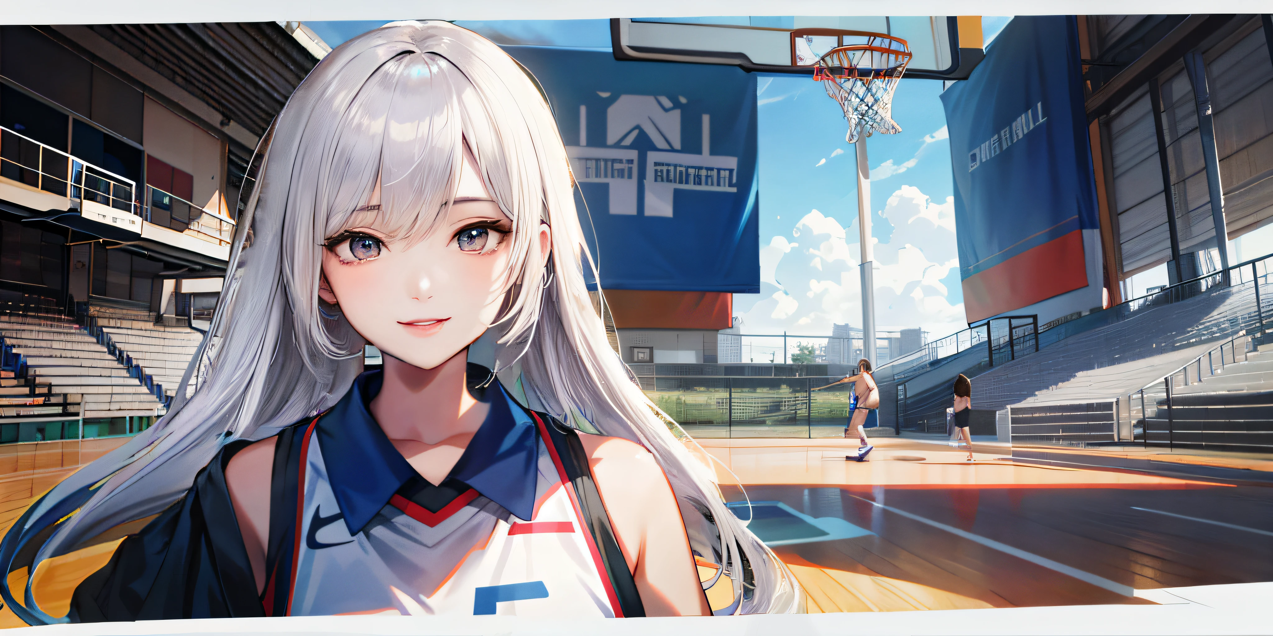 Anime girl with white hair standing in front of basketball court, volley court background, Smooth anime CG art, Official artwork, Digital anime illustration, high detailed official artwork, style of anime4 K, Guviz-style artwork, trending on cgstation, Realistic anime 3 D style, trending on artstation pixiv, Anime style illustration, Girls Frontline CG