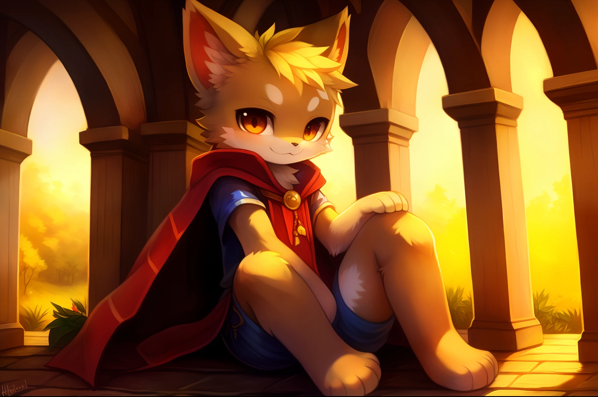 by haychel, by kekitopu, by revous, masterpiece, solo, high quality, inside castle, anime, game cg, kemono, furry, boy, smsll kid, cape, sitting on fence, (lift legs)