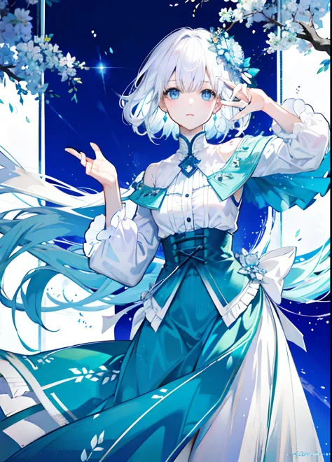 2. light white pear blossom curly hair、light white skin、aqua blue eyes、blanche、blue attire、goddess temperament 6. model works、el...