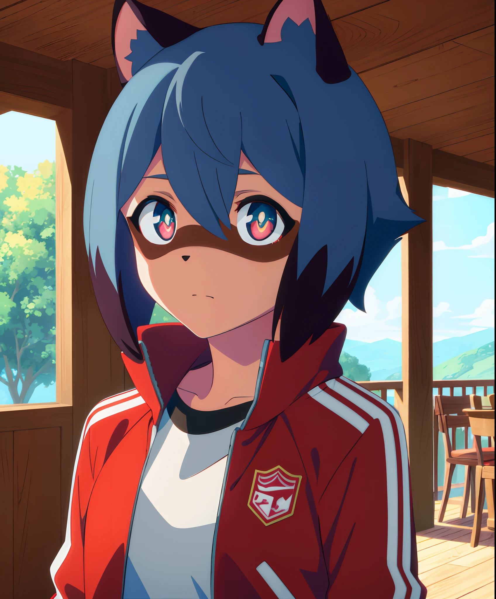 BNA masterpiece, best quality, 1girl, animal ears, solo, red jacket, jacket, furry, raccoon ears, furry female, blue hair, short hair, raccoon girl, closed mouth, shirt, upper body, multicolored hair, track jacket, indoors, body fur, multicolored eyes, black hair, white shirt, two-tone hair, looking to the side, bangs, hair between eyes, open clothes, animal nose