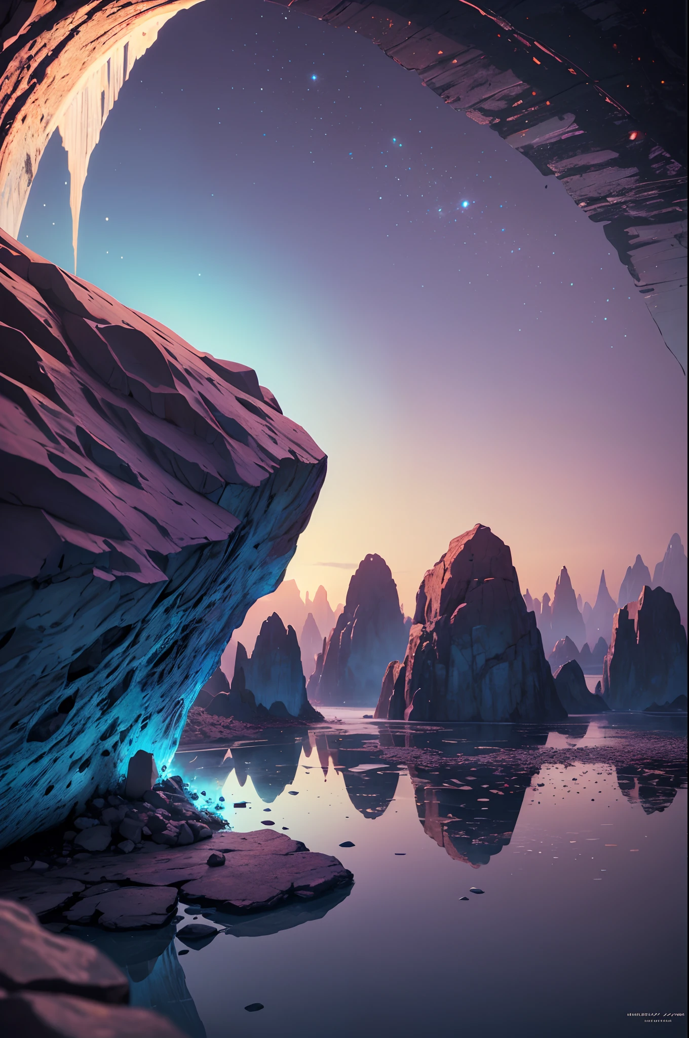 Fantasy Desert, Desert Mountain, (Masterpiece, Best Quality, High Quality, Highres:1.4), (masterpiece, top quality, best quality, official art, beautiful and aesthetic:1.2), extreme detailed,(fractal art:1.3),colorful,highest detailed in ultra detailed, cave filled with rocks and stones and stalagmites and crystals, puddle,(best-quality:0.8), (best-quality:0.8), perfect anime illustration,(turbine:1.2), Detailed, Extremely Detailed, Ambient Soft Lighting, 4K,Blurry, Blurry Background, Depth of Field, Bokeh, DOF, Fog, Bloom Outdoors, (Nature, fantasy Desert:1.2), (Rocks:1.2),