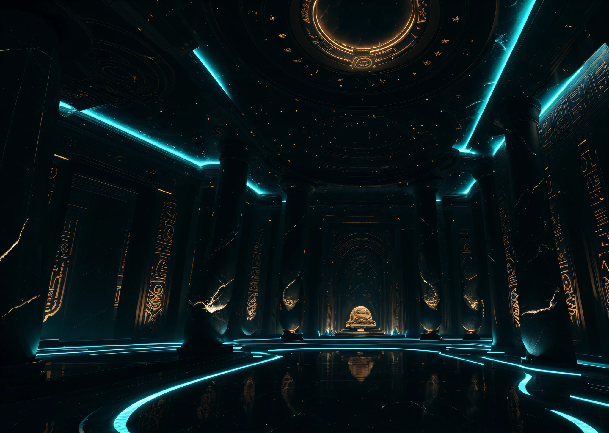 incredible black luxurious futuristic interior in Ancient Egyptian style with lotus flowers, palm trees, hieroglyphics, rocky walls, sand, marble, precious minerals, metals, gemstones, crystals, clouds and water, crocodiles, ultra luxury, black marble – with beautiful lights, Unreal Engine, HQ, 16k