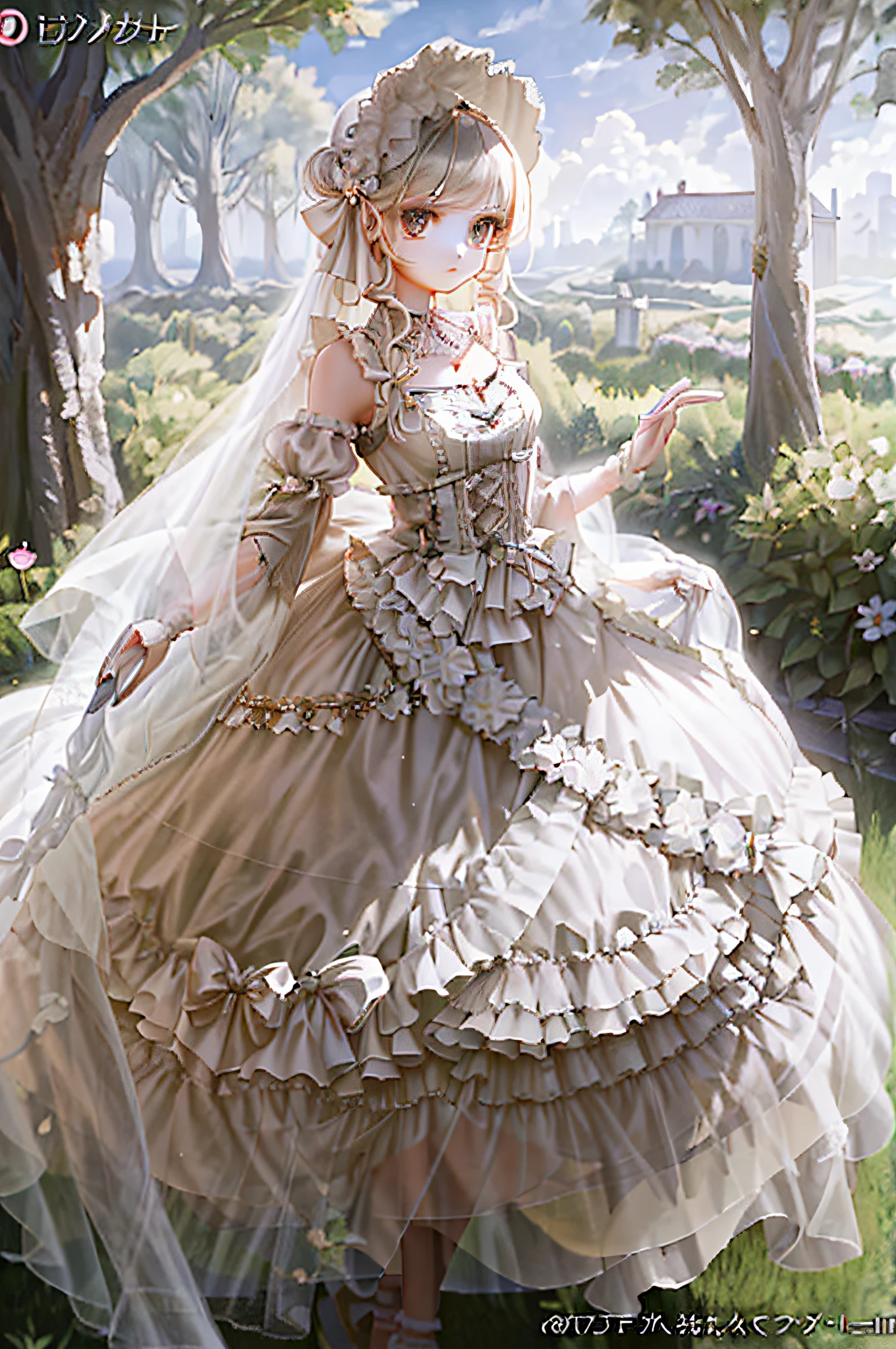 (masterpiece, top quality, best quality, official art, beautiful and aesthetic:1.2), 1girl, long black straight hair,  solo, standing in garden, looking at viewer, white lolita_dress,