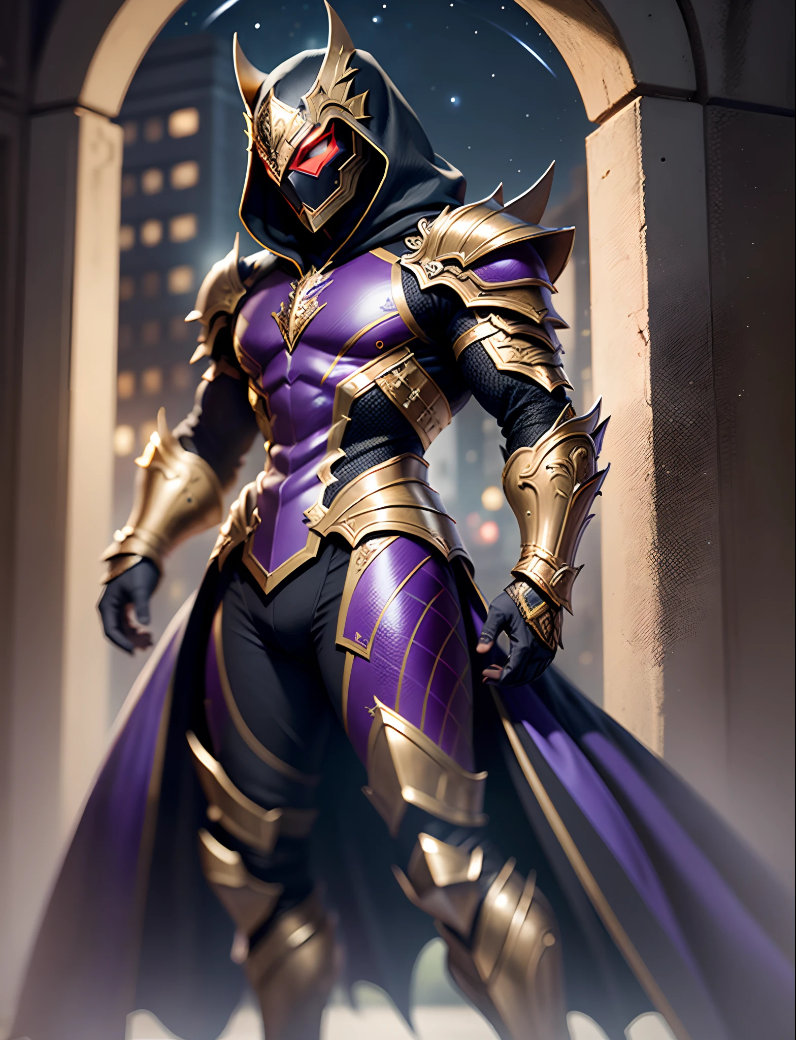 full body hyper realistic black purple hooded sharp ornate saga armor man suite, waring mask, full sharp armor, red neon, night, extra details armor, Many details, front view, (night:2) castle background, full body, full body, all body, front view, wide angle, ultra details, ultra resolution, ultra quality, unreal engine 5, cinematic lighting, depth of field, head out of frame, out of frame, feet out of frame, super detail, 16k, high quality, award winning, best quality, textured skin, high details, super detail