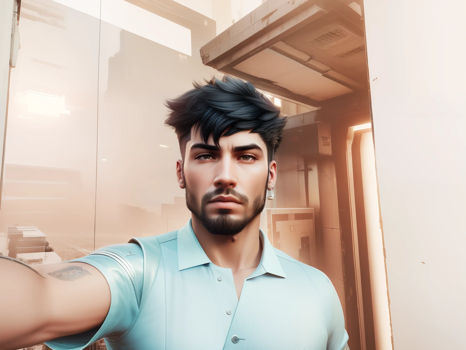 Change background to cyberpunk city , stud men look , realistic face ,