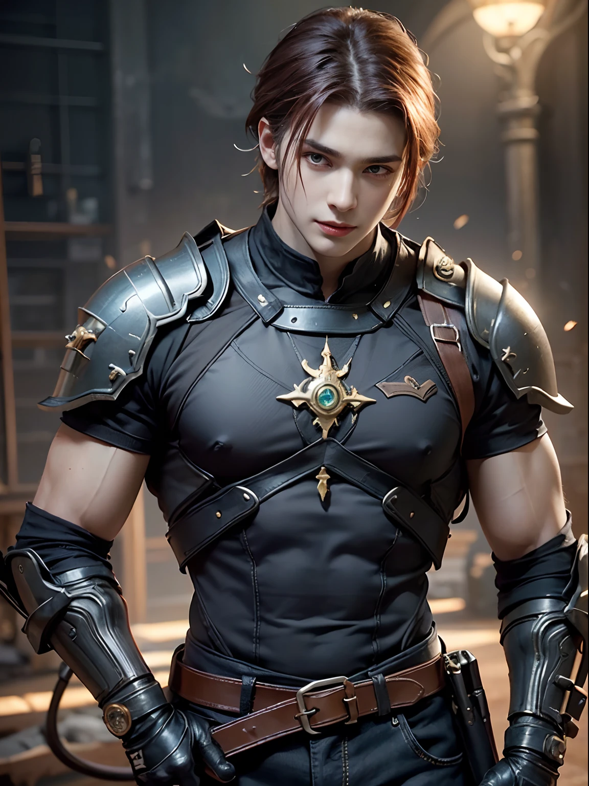 1 adult man, with golden eyes, Reno in Final Fantasy, smile and narrow his eyes, handsome, with very short red hair (slicked back hairstyle) and a white shirt, handsome and muscular guy in demon slayer art, mechanic machine cyborg fusion, gear strive graphics, realistic, dynamic pose, realistic, detailed and correct facial structure, blades ornaments, attractive, cinematic lighting, unreal engine, trending on ArtStation, intricate details, masterpiece, best quality, by Irakli Nadar, Greg Rutkowski，(((best quality))),(((ultra detailed))),(((masterpiece)))