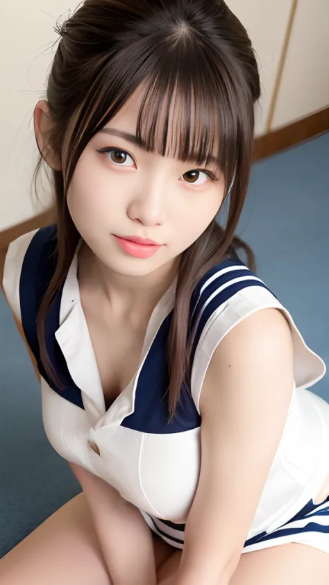 (sleeveless sailor suit), kneeling ,  16yo,   japanese girl, in school, lovely,  low contrast, (teasing smile:0.8), extremely detailed face and eyes,  best quality, ultra highres, photo realistic, ultra detailed, 8k, raw photo, perfectanatomy