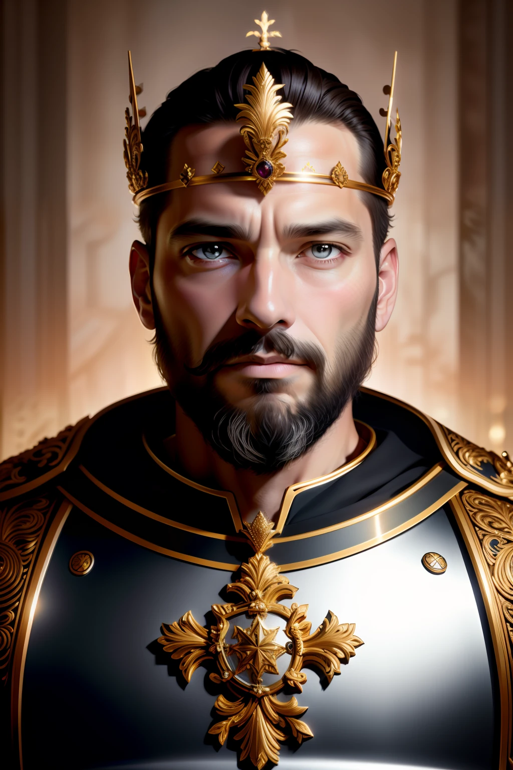 best quality, 500px, cgsociety, 8k, raw photo of (beautiful:1.2) human king, wear king crown, king armor, 40yo, beard, in castle, full body, ambient light, backlight, volumetric lighting, realistic, realistic lighting, cinematic lighting, depth of field, sharp focus, (high contrast:1.2), (film grain)