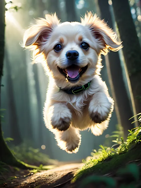 close up photo of a very cute jumping puppy in the forest, soft volumetric lights, (backlit:1.3), (cinematic:1.2), intricate details, (ArtStation:1.3), Rutkowski