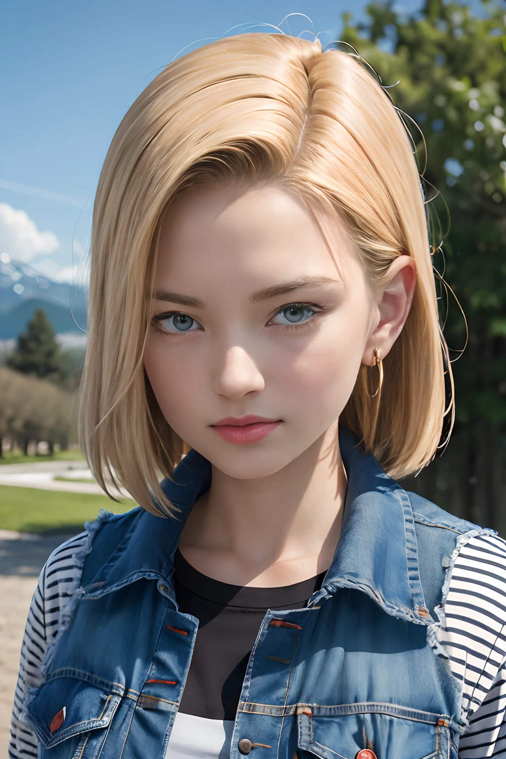 masterpiece, (photorealistic:1.4), best quality, beautiful lighting, Android18DB, solo, earrings, jewelry, looking_at_viewer, jacket, denim, shirt, upper_body, vest, denim_jacket, cloud, sky, black_shirt, closed_mouth, day, blue_sky, outdoors, torn_clothes, striped, striped_sleeves, mountain,  RAW photo, 8k uhd, film grain,