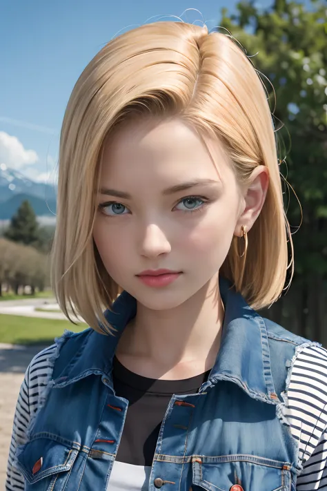 masterpiece, (photorealistic:1.4), best quality, beautiful lighting, Android18DB, solo, earrings, jewelry, looking_at_viewer, jacket, denim, shirt, upper_body, vest, denim_jacket, cloud, sky, black_shirt, closed_mouth, day, blue_sky, outdoors, torn_clothes...