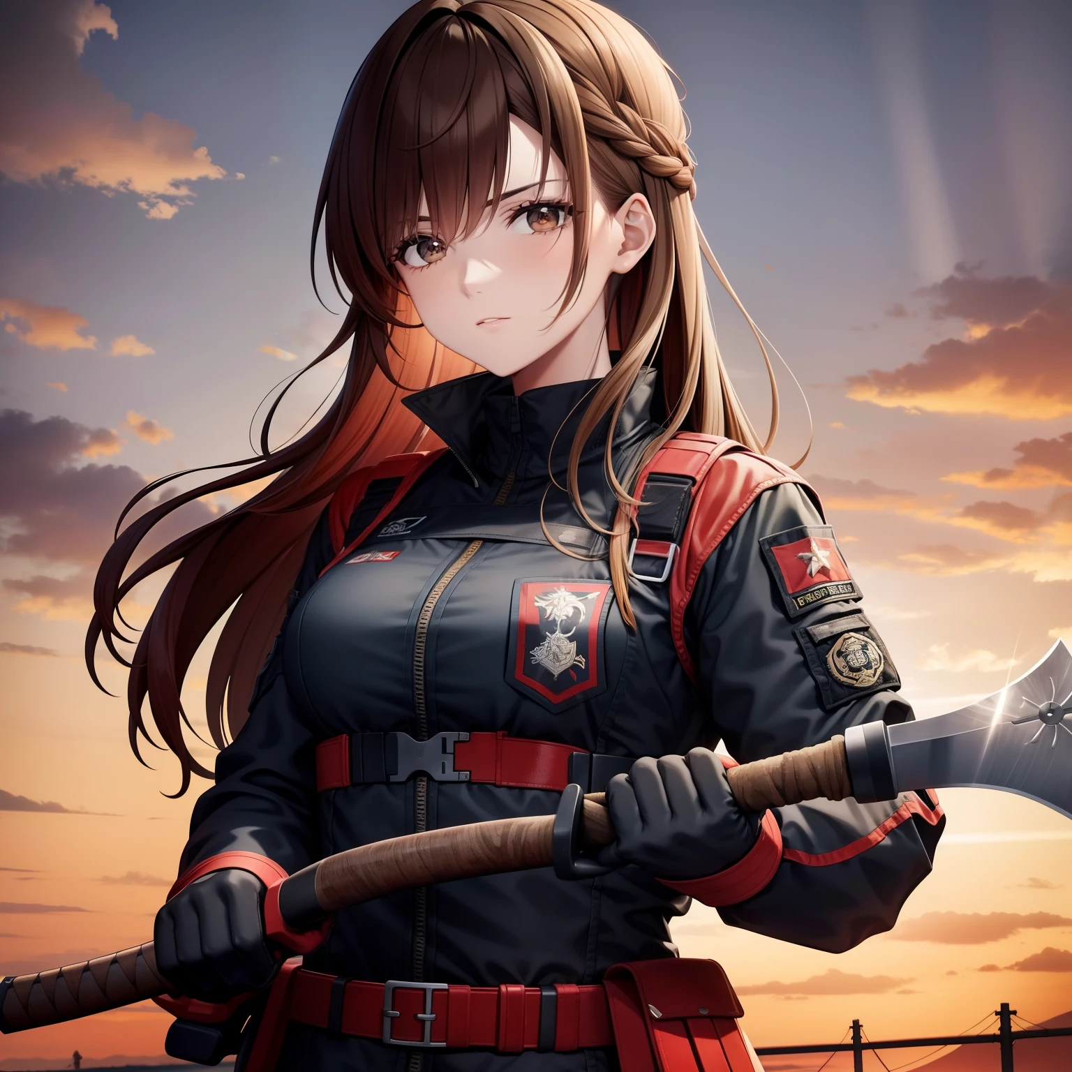 Petite woman, brown hair and eye color, wearing tactical military clothing, holding an axe with red details on the blade, red ax, holding axe