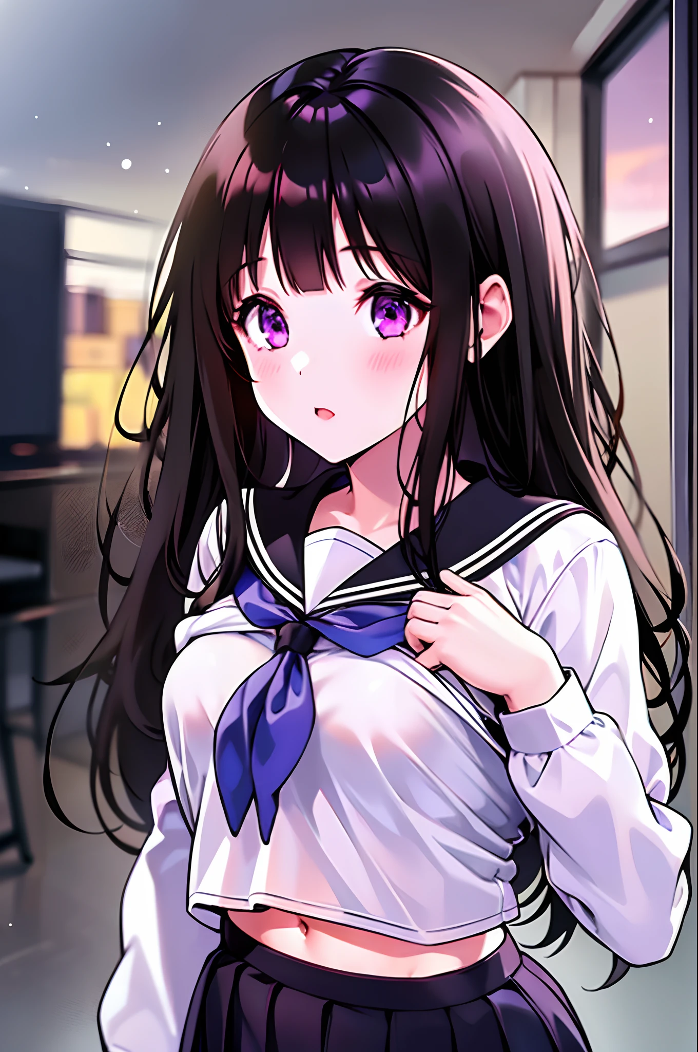 1girl, chitanda eru, long hair, black hair, , purple eyes, white shirt, white socks, pleated skirt, bangs, black sailor collar, neckerchief, black skirt, long sleeves, (shirt lift:1.2), navel, bra,