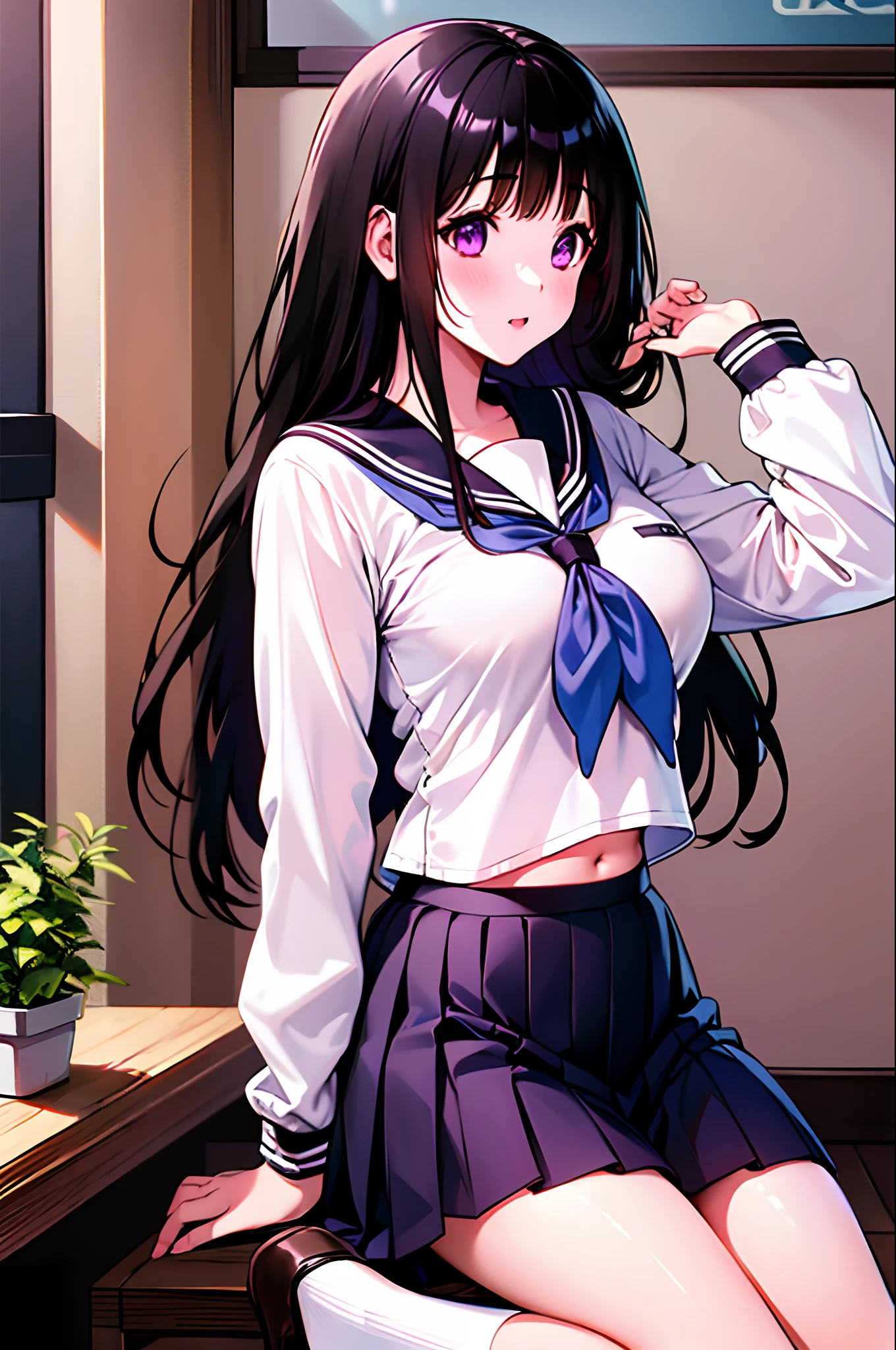 1girl, chitanda eru, long hair, black hair, , purple eyes, white shirt, white socks, pleated skirt, bangs, black sailor collar, neckerchief, black skirt, long sleeves, (shirt lift:1.2), navel, bra,