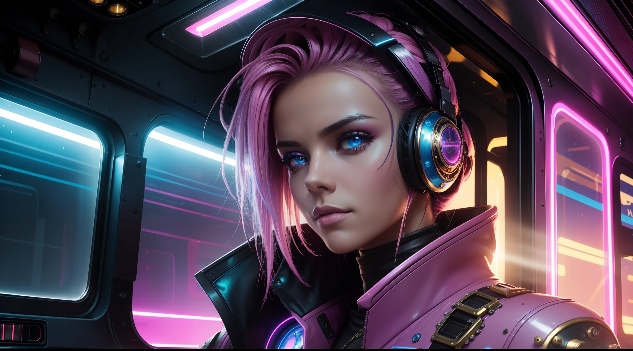 cyber punk and steam punk and pop remix style, a two-tone colored bus, windshield baby-pink reflection, pink and blue auto body, under around color blue with brushing, super fine detailed texture and skin, multilayered, golden hour, airbrush, digital art, cinematic still and lighting, oil painting, black light painting, intricate surface detail,