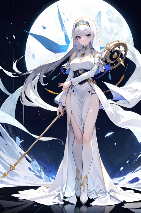 Works of masters，8K分辨率，depth of fields，Faraway view，Full body shot，Full Body Photo，(exquisite facial features)，s the perfect face，Glowing skin，Kizi，age 22，Golden blue eyes，Hair over the shoulder，sliver long hair，huge tit，d cup，Pure white bandana，Pure white...