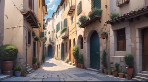 There is a drawing of a narrow street with a bridge, Streets of Italy、Anime Background Art, spanish ghibli alleyway, Anime scenery, Streets of the ancient city,  beautiful anime scene, Beautiful anime scenery,, shady alleys, narrow and winding cozy streets...
